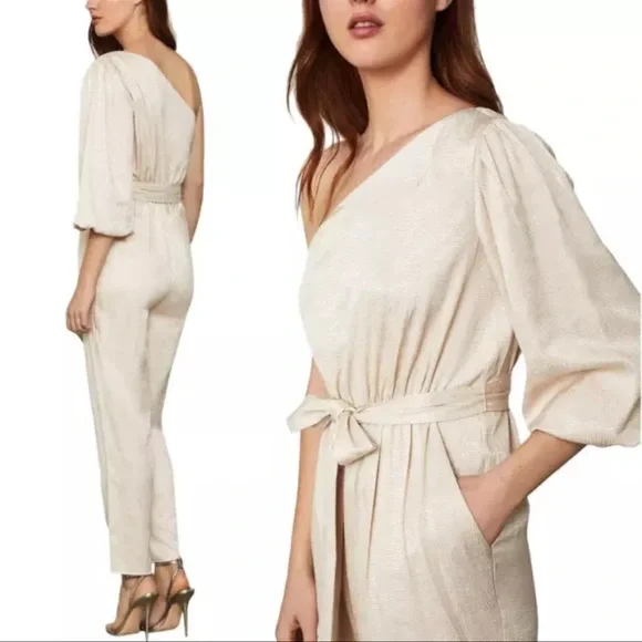 NWT BCBGMAXAZRIA Metallic One Shoulder Jumpsuits XS Lightweight $278